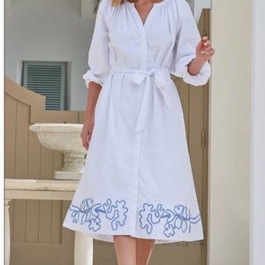 White Midi Dress with Blue Embroidery